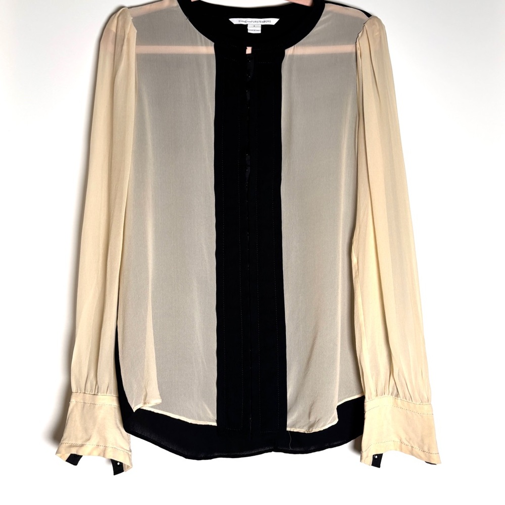 Vintage DVF Silk Chiffon Blouse | Ivory & Black Colorblock Top
